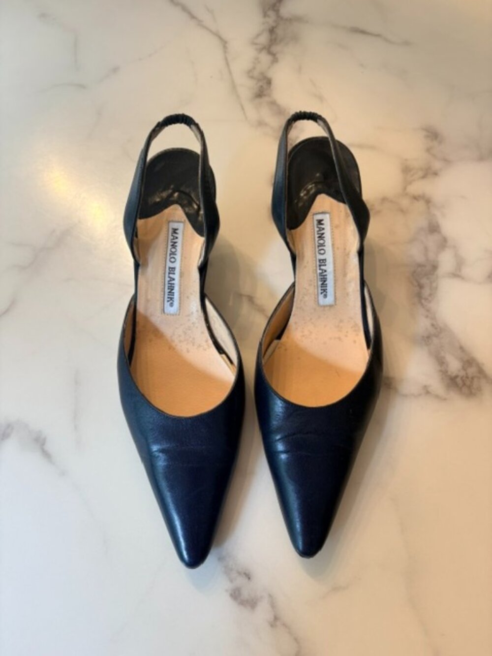 Manolo Blahnik Navy Leather Slingback Pumps